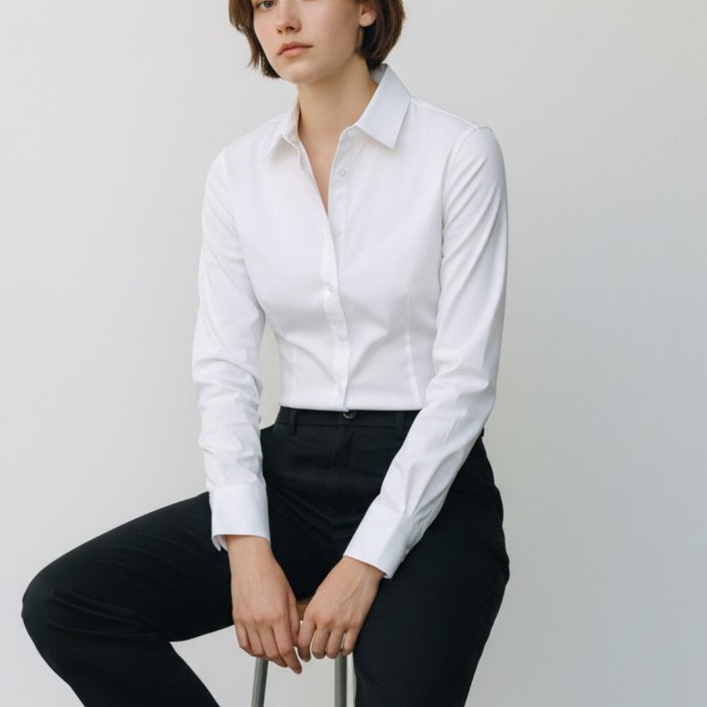 WHBM White Button Down Poplin Shirt Size: 2 - Business Casual Quiet Luxury